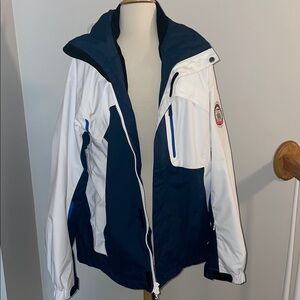 White and Blue Hooded Ski Jacket